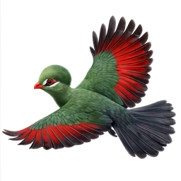 Guinese toerako (Guinea Turaco), in vlucht, eerdere afbeelding (opent op volledige grootte)